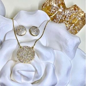 Real 18kt gold filled paved pendant necklace and stud earrings set